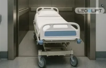Hospital patient bed on a wheeled transport trolley inside an elevator, ready for patient transfer.