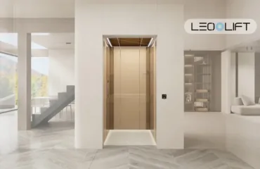 Modern home interior with a centered beige elevator doors; open-plan stairs to the left and a lounge to the right, LEO LIFT logo in the top-right.