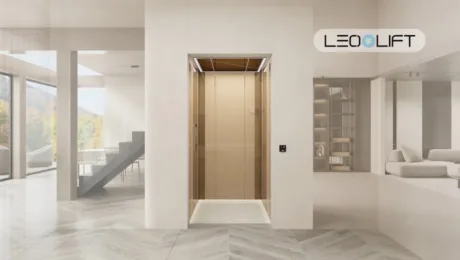 Modern home interior with a centered beige elevator doors; open-plan stairs to the left and a lounge to the right, LEO LIFT logo in the top-right.