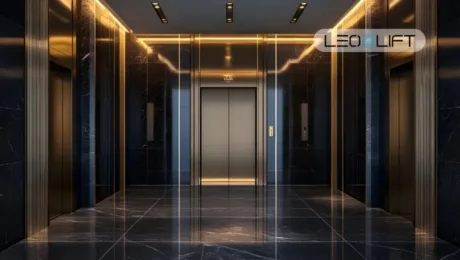 Hotel-style elevator lobby with three dark marble walls, gold lighting, and centered silver elevator doors.