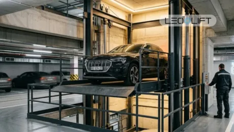 Black Audi on a car elevator platform in a dim underground parking garage, with a technician nearby.