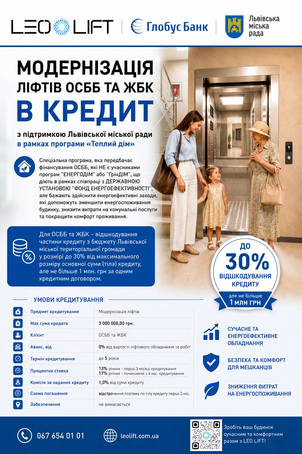Infographic poster advertising a loan for elevator modernization with up to 30% repayment; shows a woman with child in an elevator lobby.