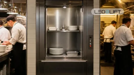 Stainless steel pass-through lift in a busy commercial kitchen, with plates and bowls neatly stacked on its shelves.