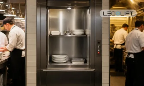 Stainless steel pass-through lift in a busy commercial kitchen, with plates and bowls neatly stacked on its shelves.
