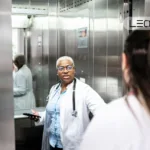 African American female doctor in a white coat with a stethoscope, holding a phone, conversing in a hospital elevator with a colleague nearby.