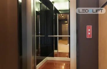 Open elevator doors with mirrored walls, chrome handrails, and LEOLIFT branding in the corner.