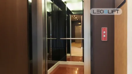 Open elevator doors with mirrored walls, chrome handrails, and LEOLIFT branding in the corner.