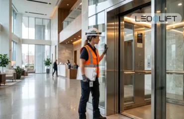 Construction worker in an orange safety vest and hard hat checks an elevator in a bright, modern lobby, holding plans.