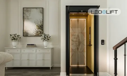 Modern home entrance with a lift/elevator door opened to a gold-toned interior, flanked by a white console table and framed wall art
