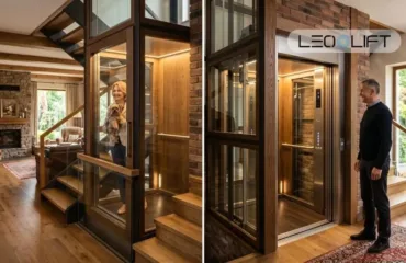 Hidravlichnyy chy elektrychnyy lift dlya kotedzhu porivnyannya bez mifiv Residential glass-walled elevator in a cozy living room with wood floors and brick accents; a woman with a dog stands by the open lift on the left, a man stands by the closed lift on the right; Leo Lift logo top-right.