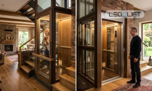 Residential glass-walled elevator in a cozy living room with wood floors and brick accents; a woman with a dog stands by the open lift on the left, a man stands by the closed lift on the right; Leo Lift logo top-right.