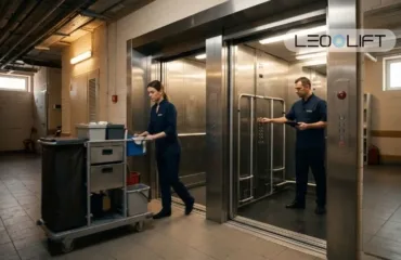 Two healthcare workers in navy scrubs push a supply cart toward an open stainless steel elevator in a hospital, with LEO LIFT logo visible.