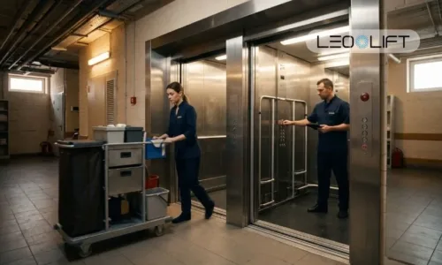 Two healthcare workers in navy scrubs push a supply cart toward an open stainless steel elevator in a hospital, with LEO LIFT logo visible.