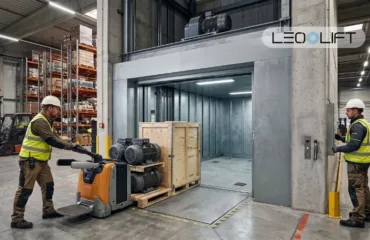 Worker in safety gear controls an orange pallet truck as it moves a wooden crate toward a vertical industrial lift in a warehouse; LEO LIFT logo visible in the top right corner.